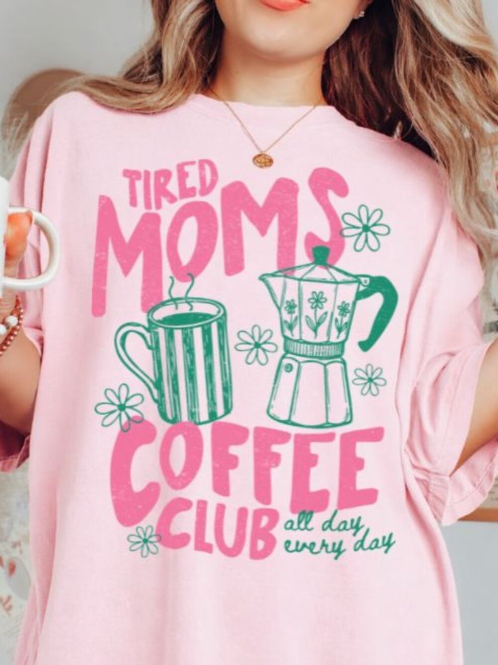 NEW Funny Tired Moms Coffee Club Cute Mama Crewneck Graphic Tee Shirt